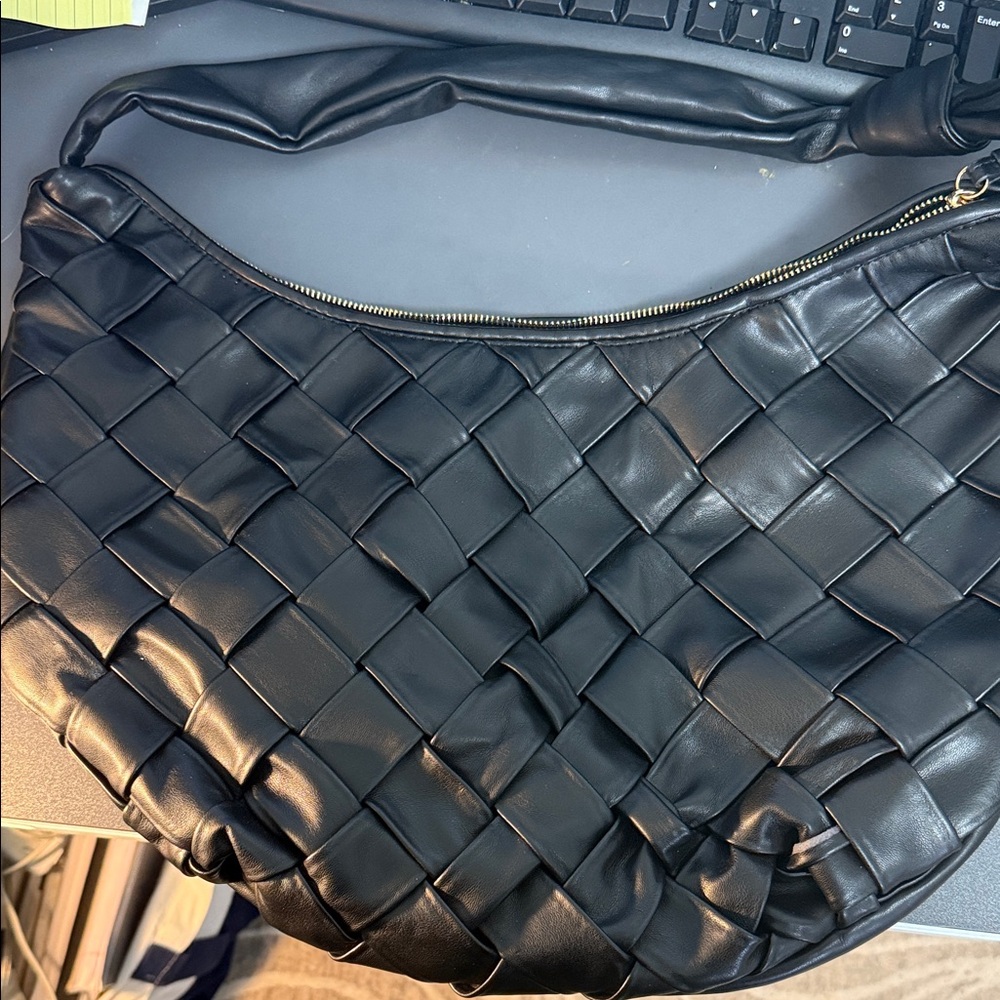 Chic Black Woven Leather Hobo Bag